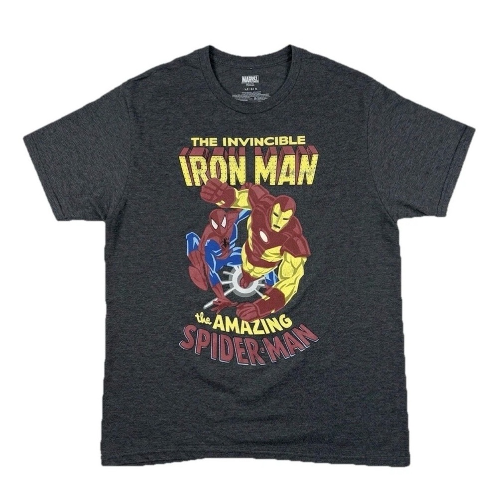 Marvel Iron Man Spider-Man T-Shirt Large Charcoal Grey Graphic Retro Vintage